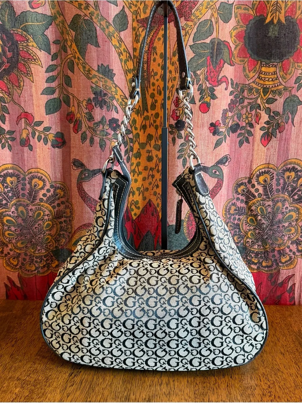 Y2K Guess Slouchy Hobo Bag Triangle Rhinestone Monogram Chain Strap